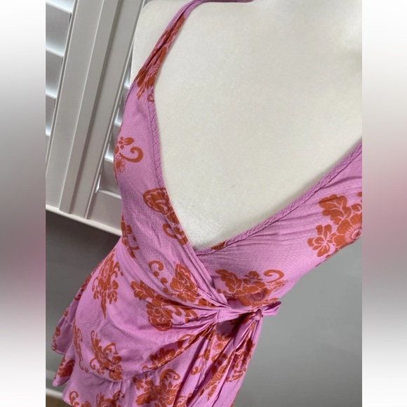 By Anthropologie Halter Neck Ruffle Wrap Mini Dress/Cover Up XXS Pink Floral - Picture 3 of 16